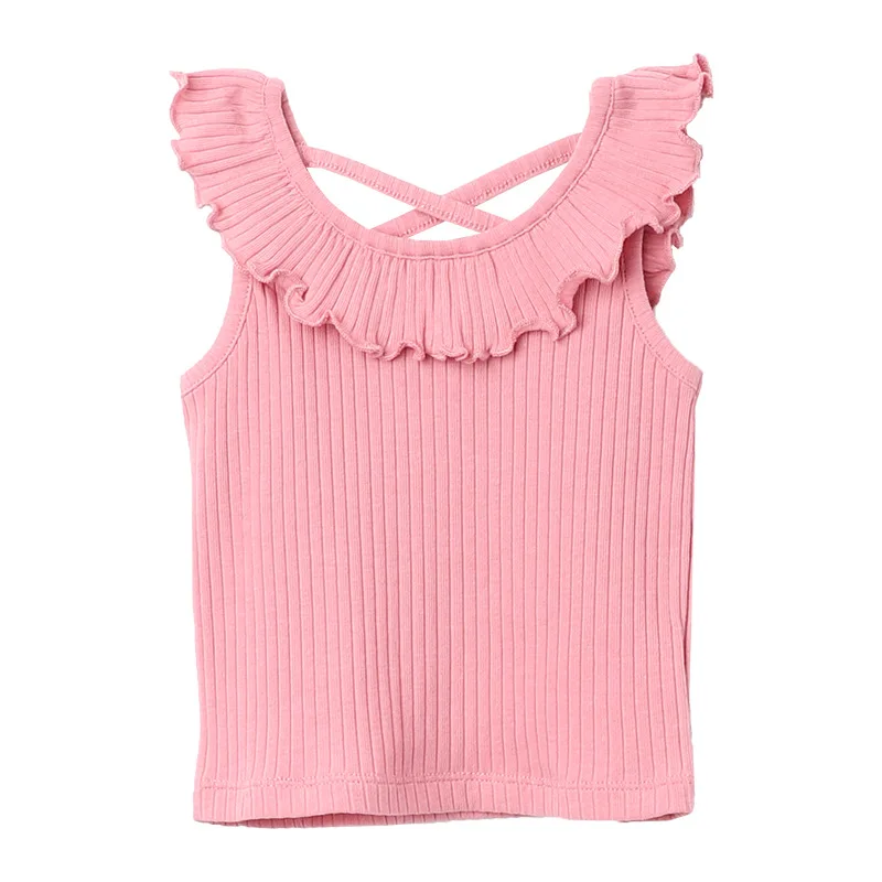 Ruffled Vest2024Summer New Baby Girl's Wooden Ear Solid Color All-Match Pit Sweet Top-WSNY