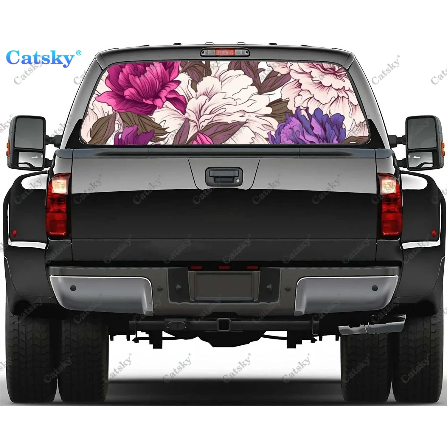 Blooming Peonies With Leaves Rear Window Decal Fit Pickup,Truck,Car Universal See Through Perforated Back Windows Vinyl Sticker