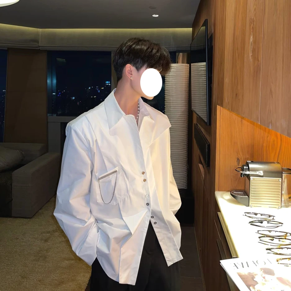 

Trendy White Long Sve Men's irt Loose Fit Thin Outerwear Chain Design Pure Color Point Collar Youth Faion Autumn Wear