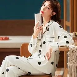 Women's Two-Piece New Pajamas Spring And Autumn Japanese Pajamas Ladies Imitation Cotton Long-Sleeved Trousers Homewear Set