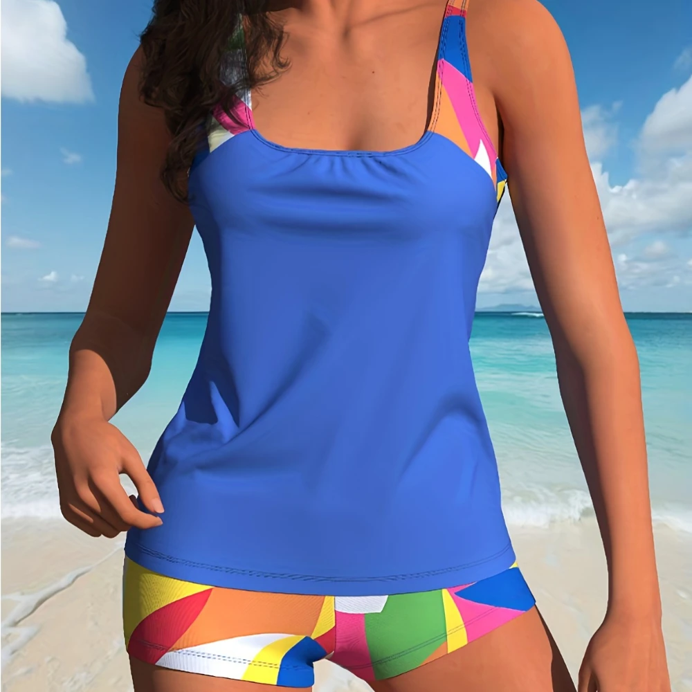Women’s Bikini Set – Solid Royal Blue Top Color-Block Strap & High-Waist Geometric Print Bottom, Vibrant & Modern for Beach Days