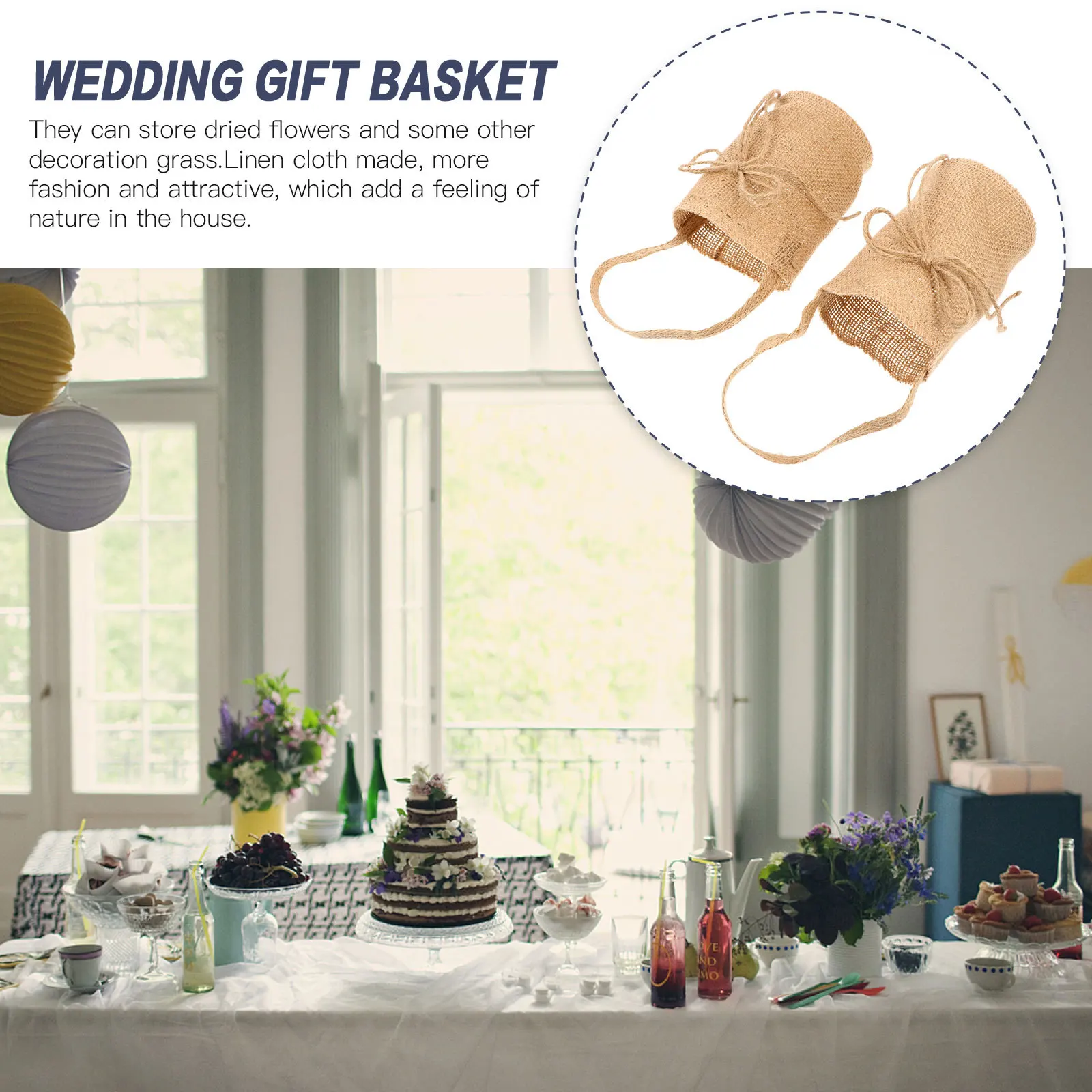 

2Pcs Wedding Linen Baskets Photography Props Lightweight Flower Girl Basket for Ceremony Decor Burlap Gift Basket Party Event