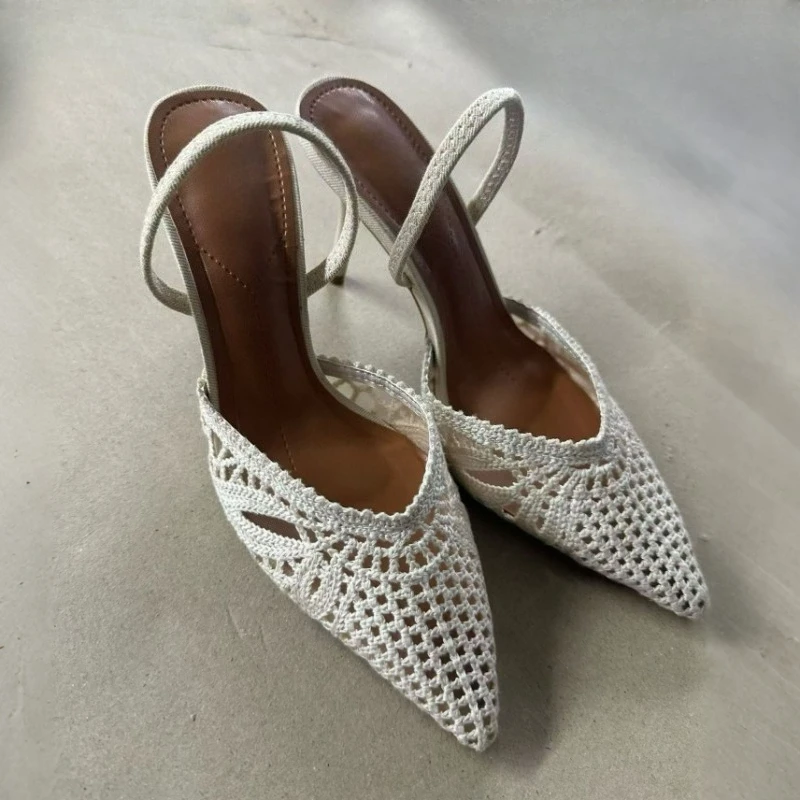 Hollow Crochet Back Strap Women's Sandals 2026 Summer Pointed Toe Thin High Heel Pumps Black Breathable Knit Daily Heel Shoes