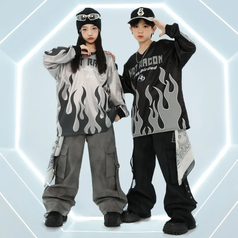 Girls Jazz Dance Drum Costume Loose Long Sleeve T-Shirt Cargo Pants Streetwear Boys Modern Hip Hop Performance Outfit