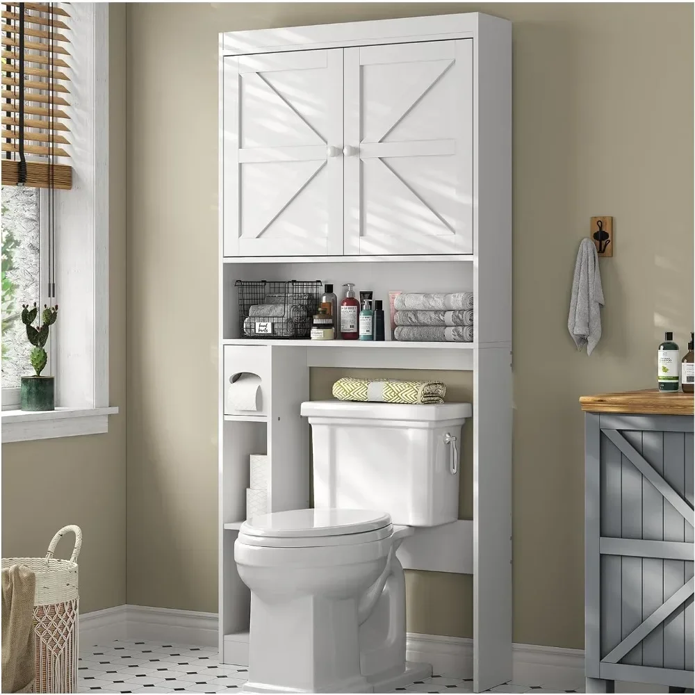 Bathroom cabinet, storage cabinet above toilet with shelves and door, with anti tilt design, 32.3'''W independent toilet rack