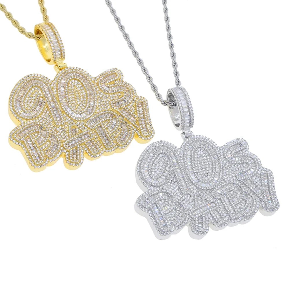 Iced Out Letter 90s Baby Prong Necklace Pendant for Men Silver Color Bling Cubic Zirconia Charm Hip Hop Jewelry
