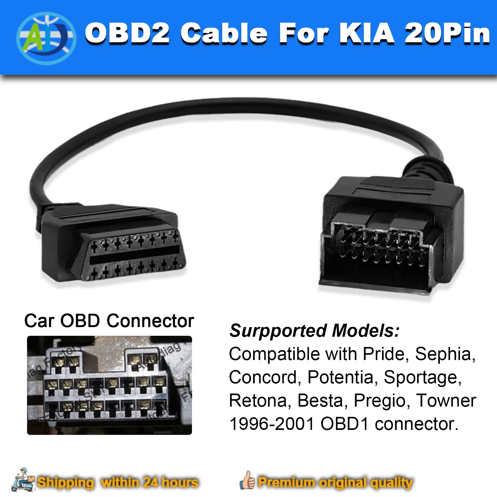 

Кабель OBDII для KIA, 20-контактный адаптер OBD2, диагностический разъем OBD для Pride, Sephia, Potentia, Sportage, Towner 1996-2001 гг.