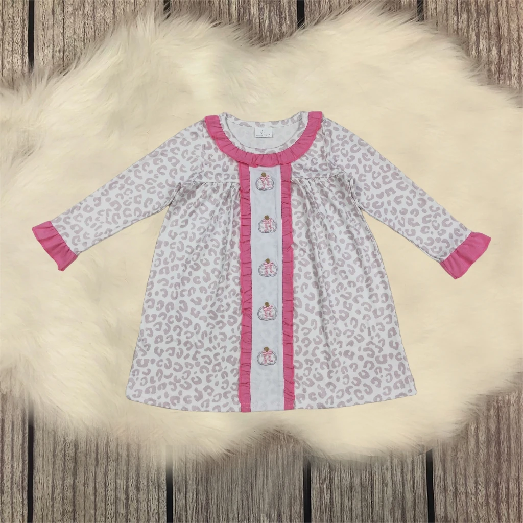 

Infant Toddler Thanksgiving Girl Embroidery Pumpkins Bows Leopard Girls Fall Ruffle Dress Baby Kids Children Clothes Wholesale