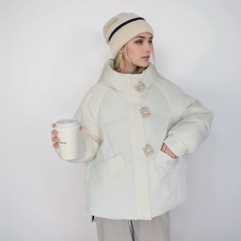 Winter-Parka für Damen, gespleißt, einreihig, große Taschen, gepolsterter Mantel für Stehkragen, lässiger Damenmantel