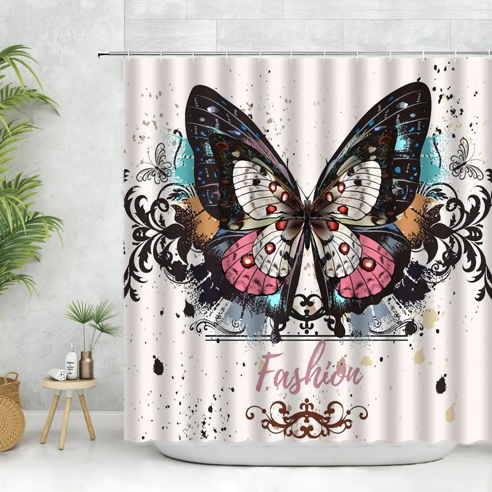 

Shower Curtains Set for Bathroom with Hooks Black Butterfly and Flower Design Polyester Fabric Machine Washable Bathroom Curtain