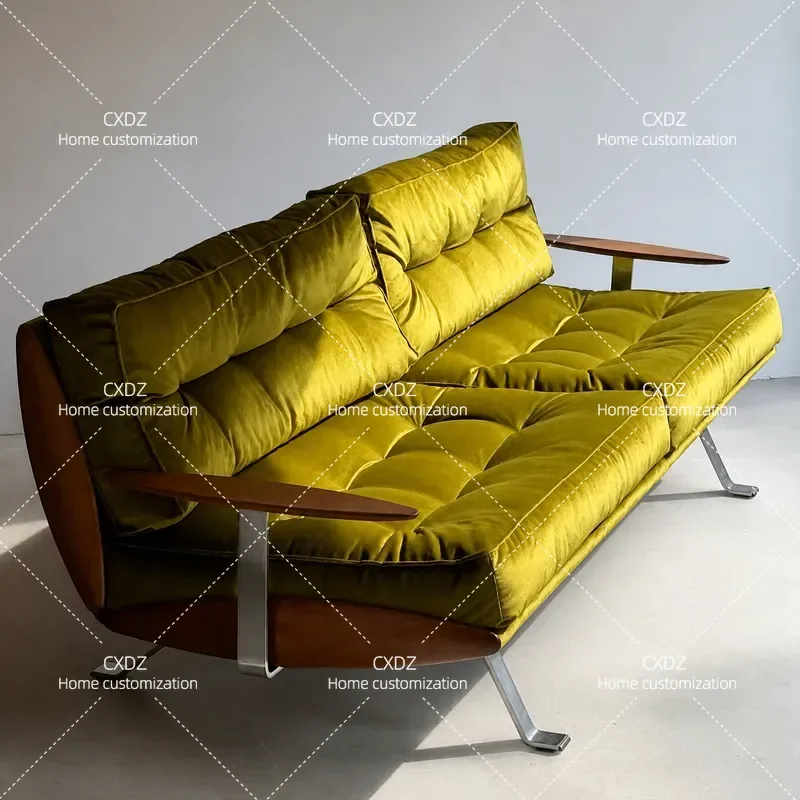 Medieval Style Golden Velvet Solid Wood Steel Frame Retro Living Room Sofa