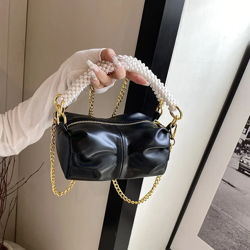 

Women New Trendy Cylindrical Pearl Pleated Single Shoulder Crossbody Bag Bag