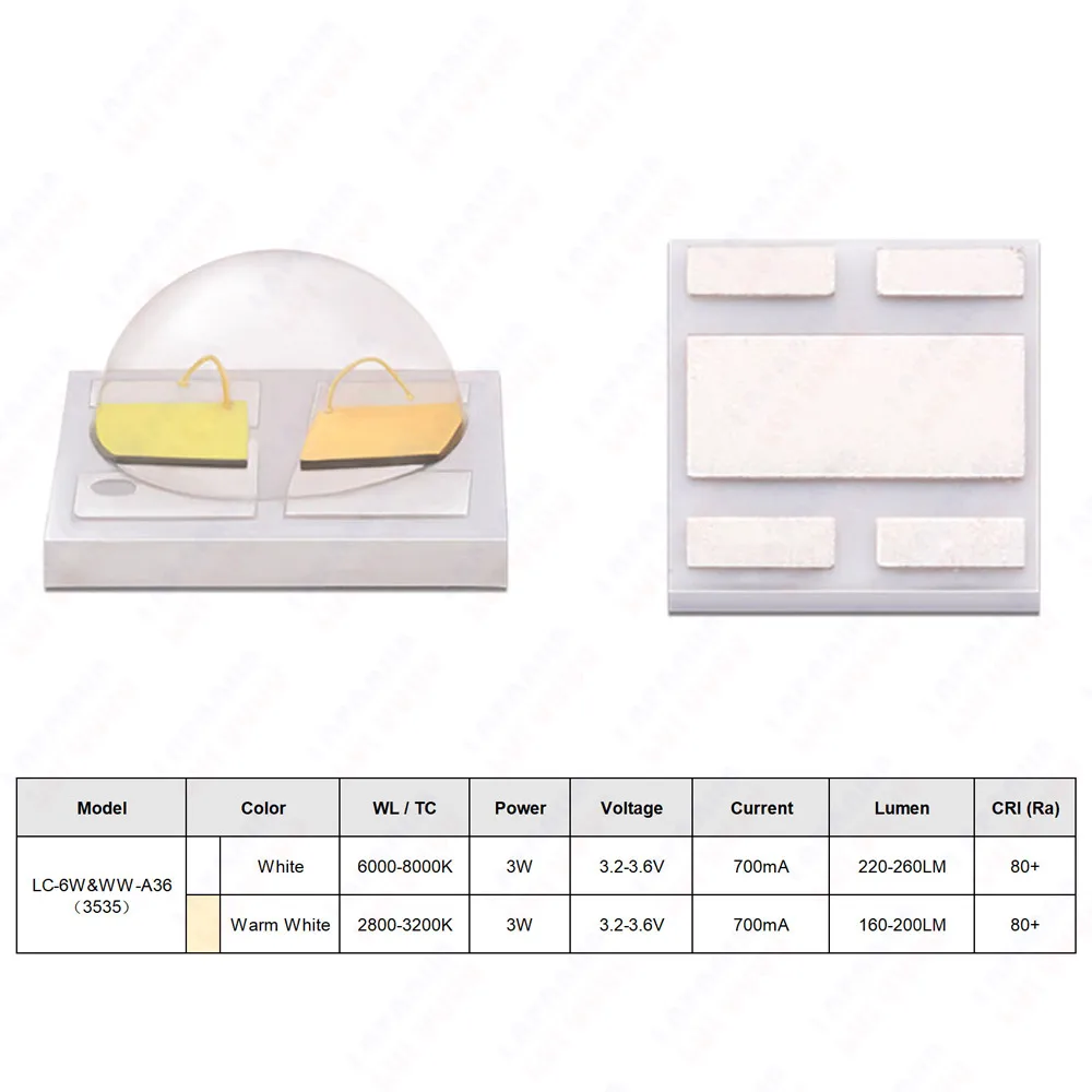 Alta luminosità 2 * 1 W 2 * 3 W Dual Color LED Chip 3535 Bianco caldo Bianco 3000K 6000K CRI RA Indice di resa cromatica 80 COB SMD Diodo a