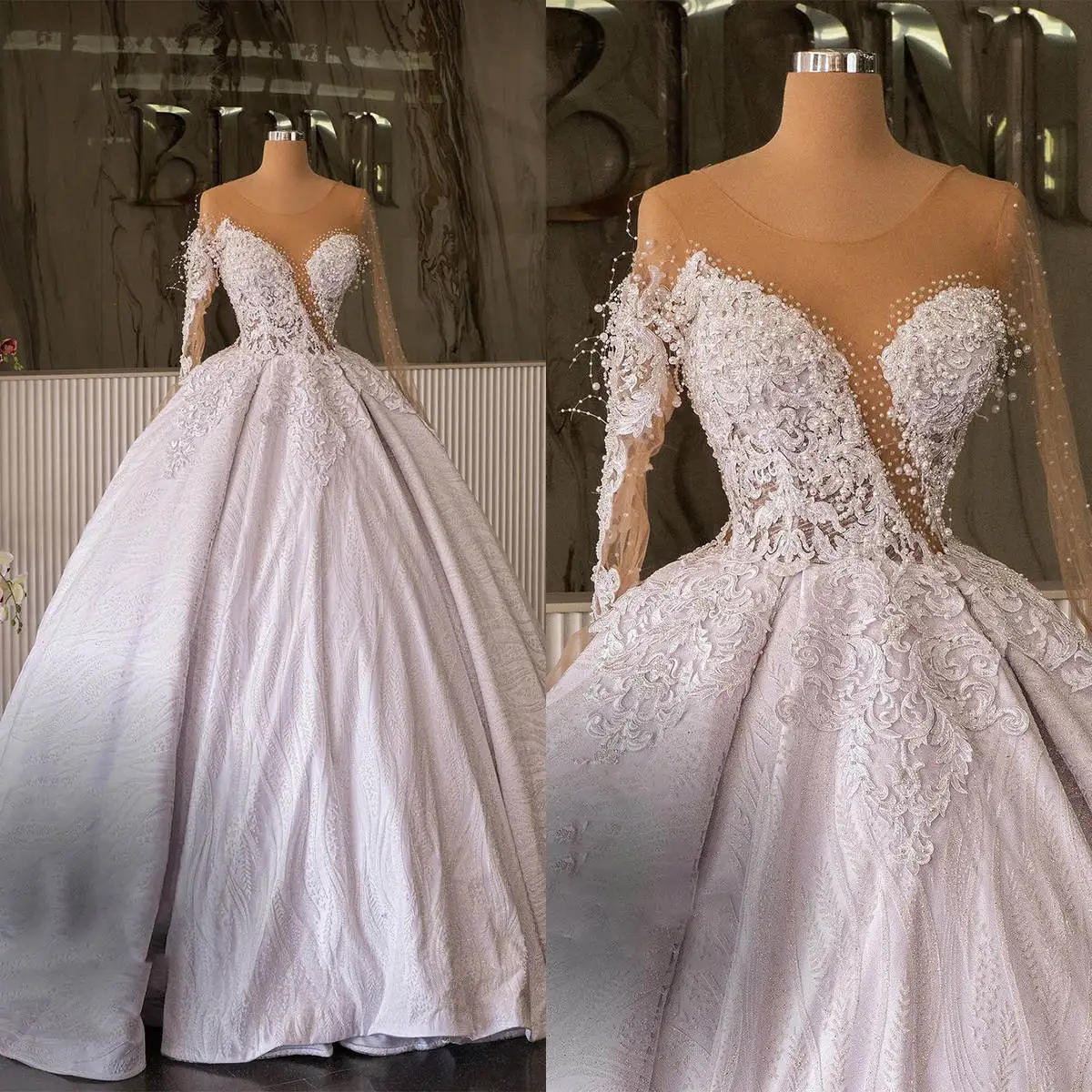 

Exquisite Ball Gown Wedding Dress Appliques Pearls O Neck Bride Gowns Sheer Beaded Long Sleeve Sweep Train Bridal Dresses