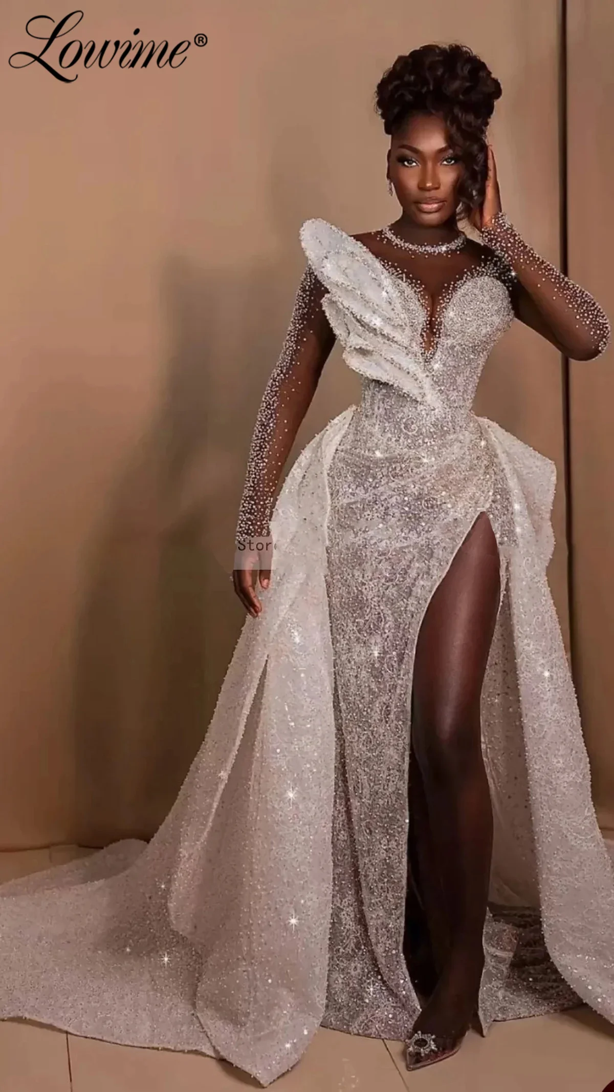 African Wedding Dresses Long Sleeves Sheer Net Mermaid Bridal Gowns 2024 Custom Made Plus Size Bride Dress With Detachable Train