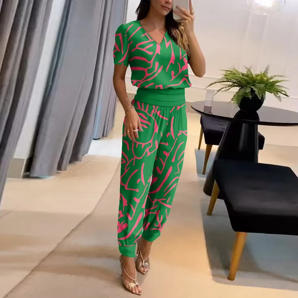 Women's Summer Casual Fashion Puff Sleeve V Neck Top & Geometric Print Cuffed Pants Set Office Lady 2Pcs Set Workwear Suit Sets