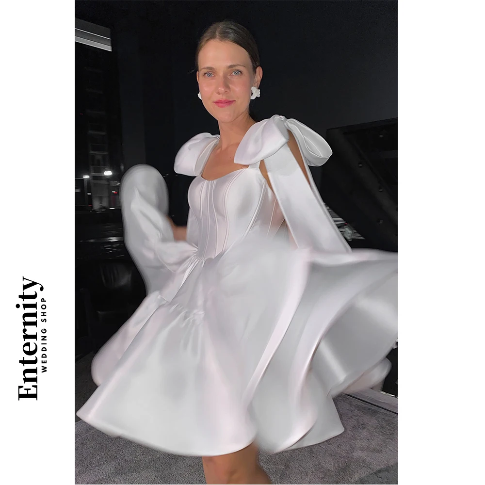 Customized Wedding Dresses Fantastic Straps With Bows Womens Dresses Sweetheart Satin Short Bride Dresses Vestidos Para Mujer