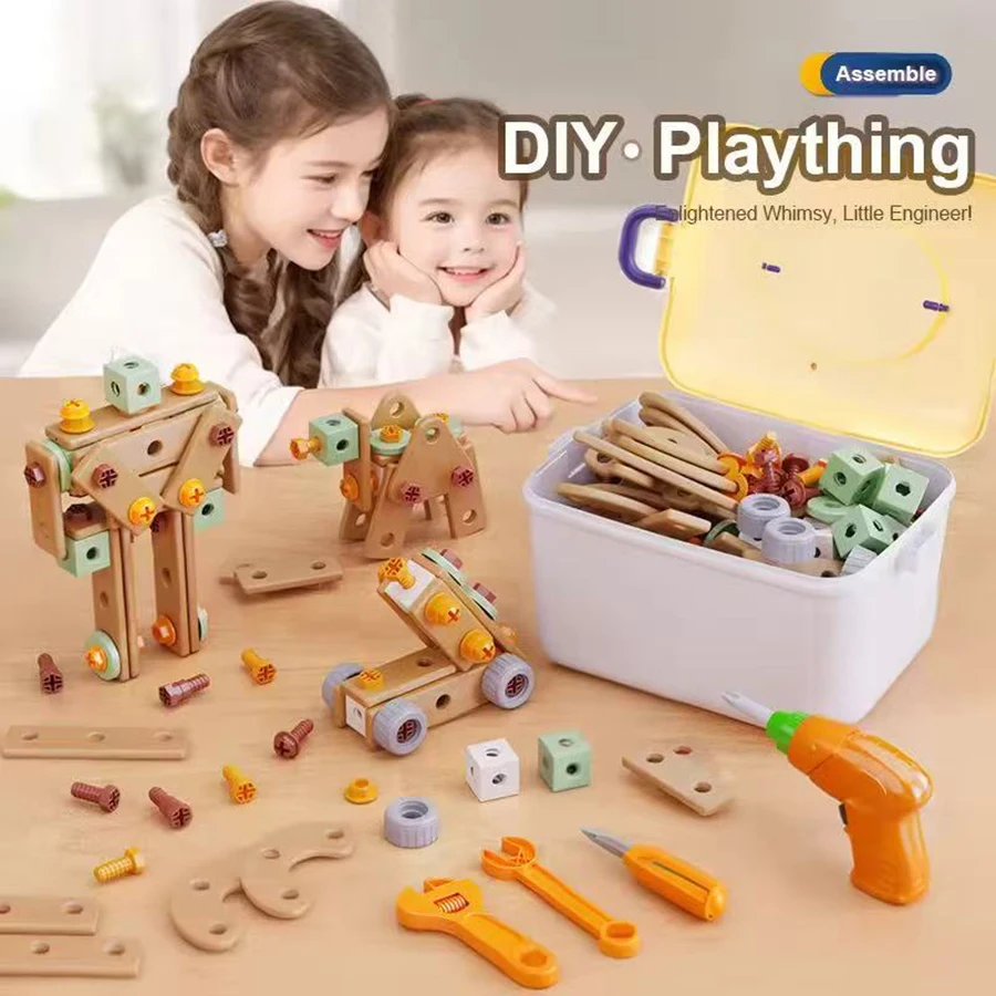 DIY- مجموعة أدوات الأطفال مجموعة ألعاب تجميع الجوز أدوات بناء الجذعية ألعاب مونتيسوري هدايا لصبي فتاة ، صندوق أدوات الحفر الكهربائية اختياري