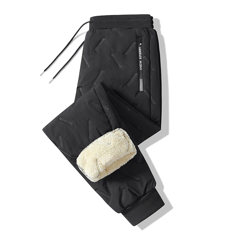 Men's Winter Thermal Quilted Pants Lamb Fleece Lining Drawstring Waist Joggers Windproof Casual Sport Trousers Zipper Side Pocke
