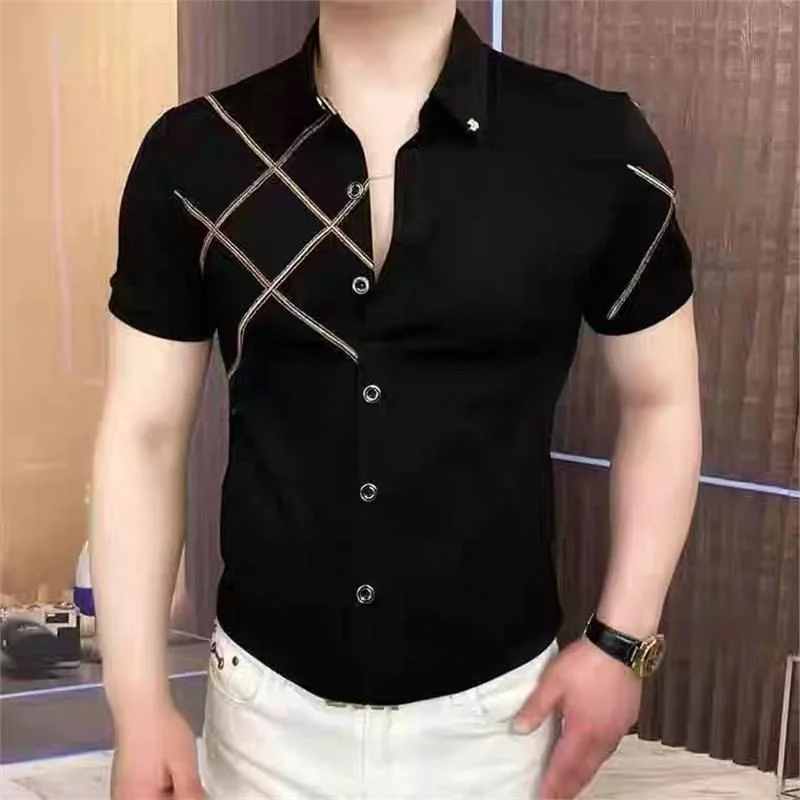 

Men's European Sle High End Embroidered Ice Silk ort Sve irt Anti Wrinkle f Sve Casual Elastic Trendy irt