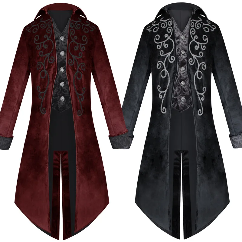 

Trench Gothic Steampunk Vintage Medieval Red Black Coat Renaissance Jackets Victorian Costume Men Adults Halloween Carnival Suit