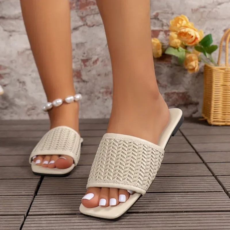 2023 High Quality Shoes Female Summer Women's Slippers Square Toe Solid Open Toe Low-heeled Light Casual Slippers Large Size 43