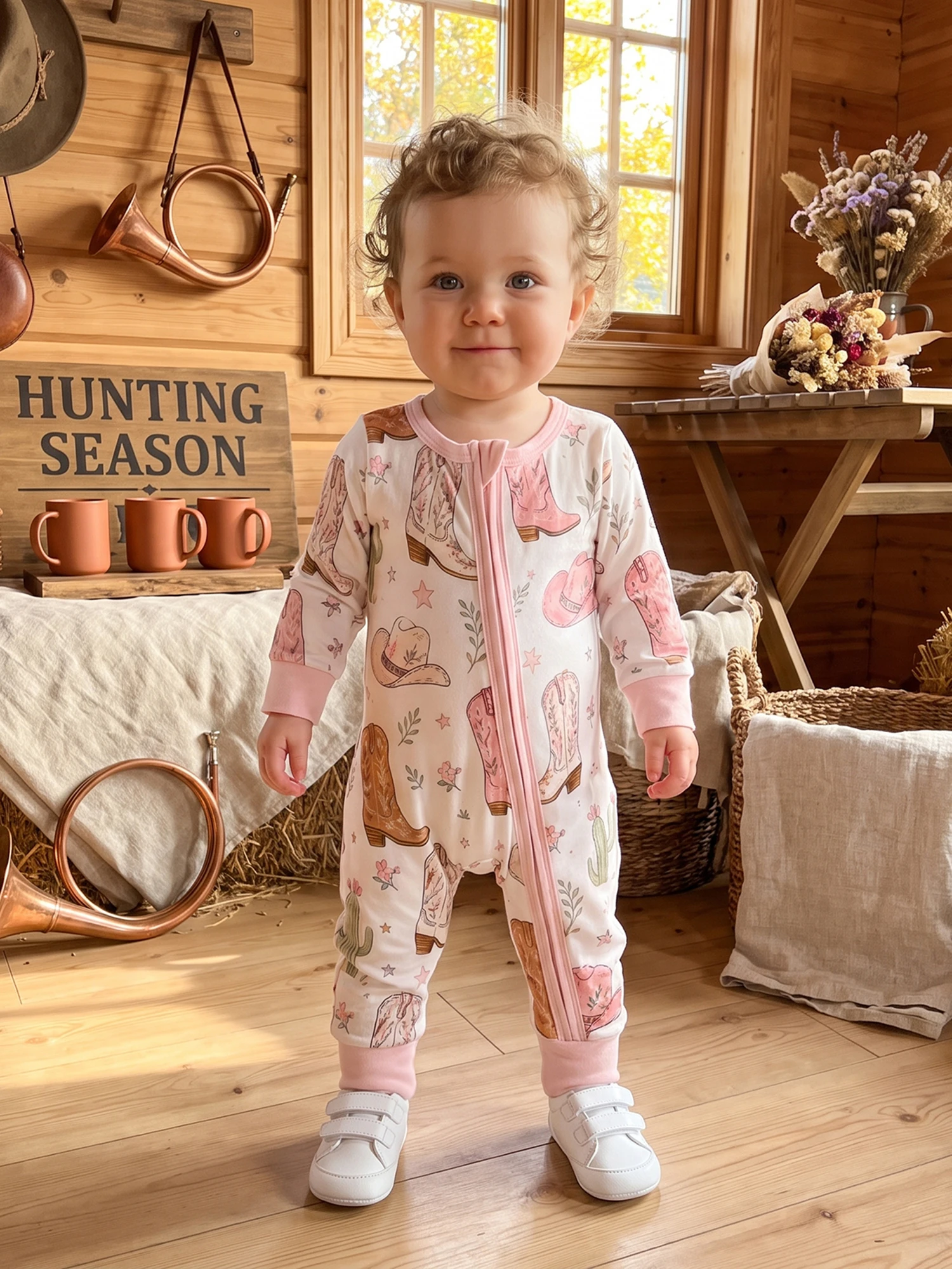 Infant Baby Western Western Romper Boots Print Baby Western Romper Sleeve Cowgirl Boots Romper Long-Sleeve Print Fall Jumpsuit