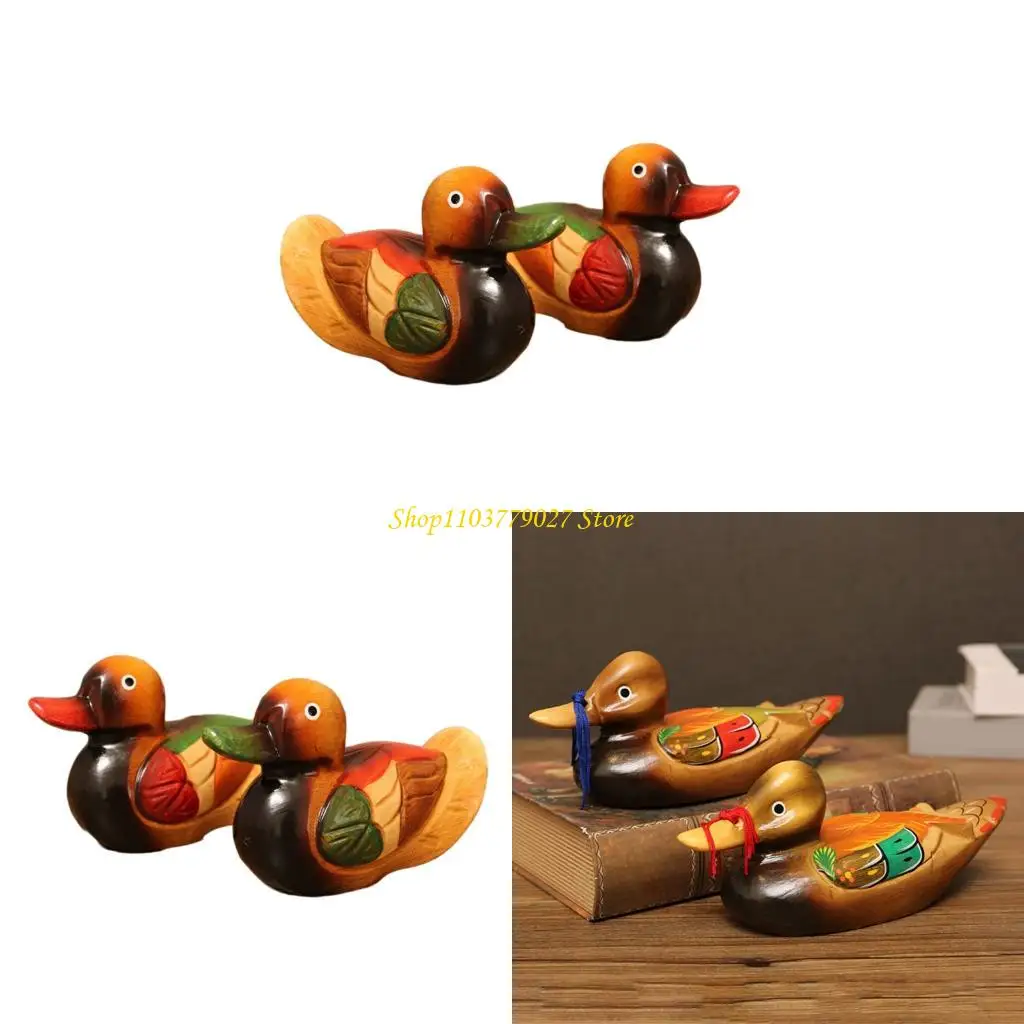 

Set of 2 Wooden Mandarin Duck Couple Sculptures Decorative Animal Figurines For Engagement Gift And Table Shelf Display