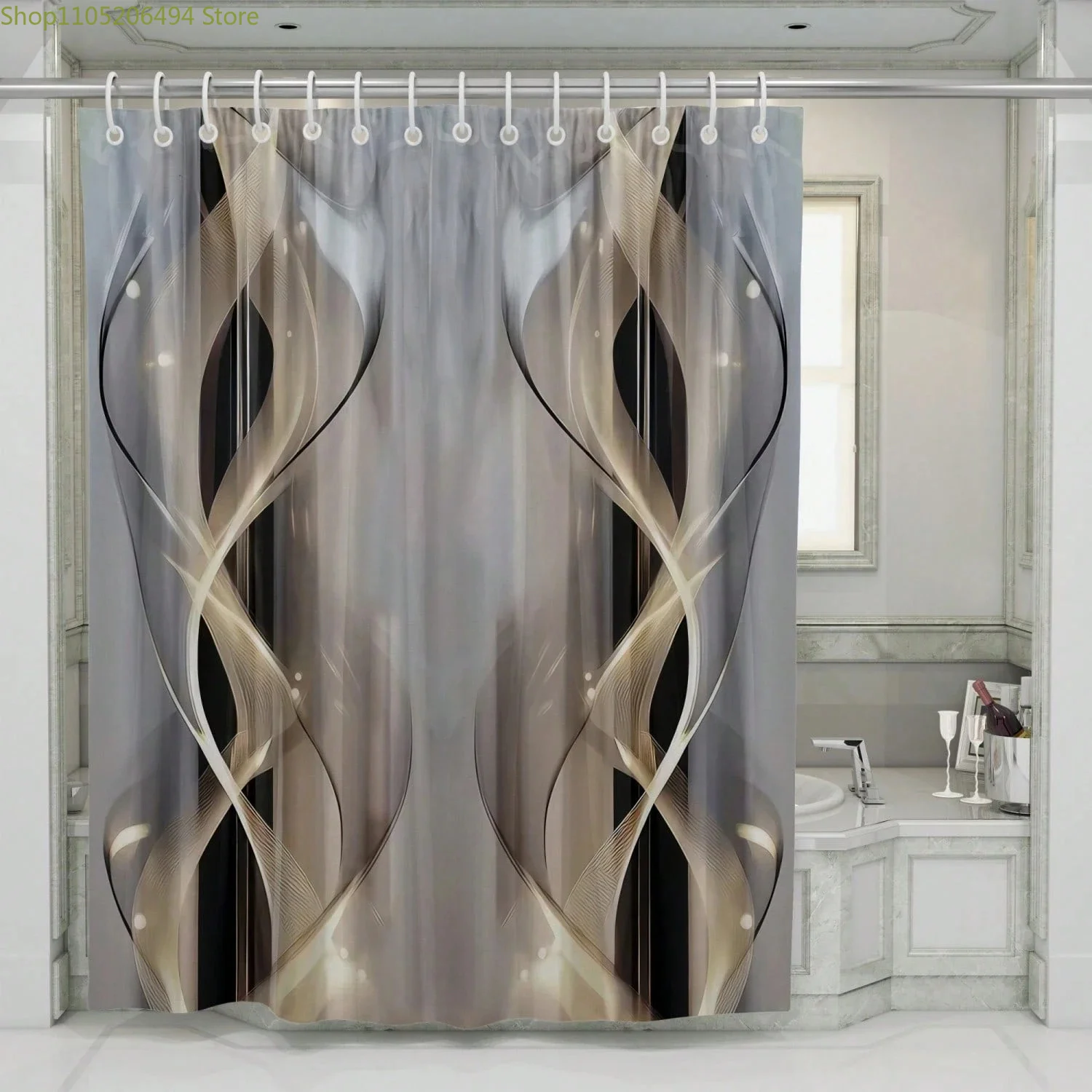 1pc Black and Gray Line Pattern Shower Curtain, Bathroom Decor and Accessories, Home Decor Printed Curtain, Bathroom Divider