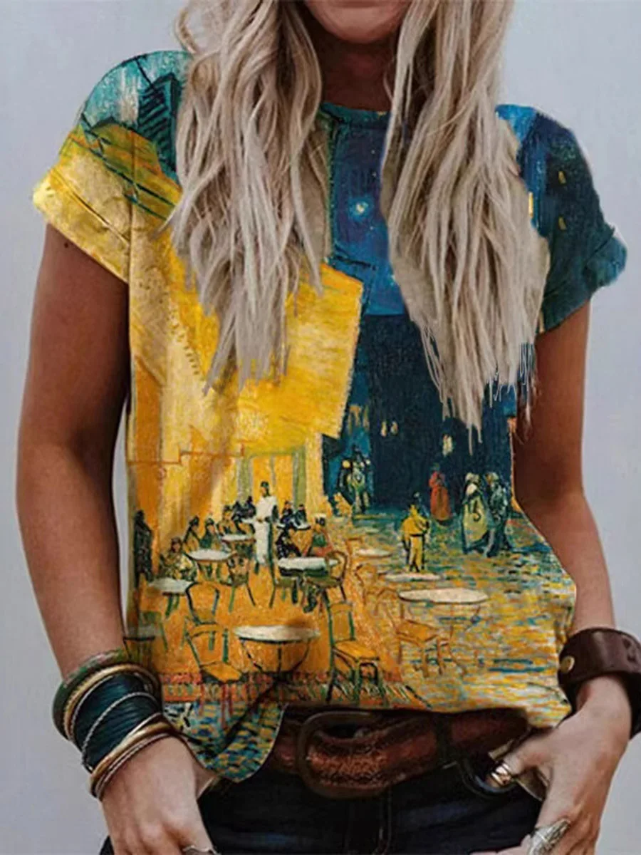 2026 Women Vintage Cross Faith Print T Shirt Round Neck Short Sleeve Loose Contrast Color Casual Tops Womens T Shirts and Polos