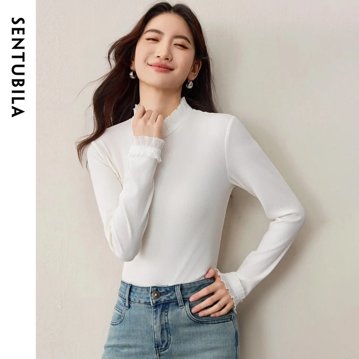 

SENTUBILA Women's Long Sleeve Tees Collar Featured Lace Knitted White Tops 2025 Autumn Casual Mock Collar Base Tops 153TA2871