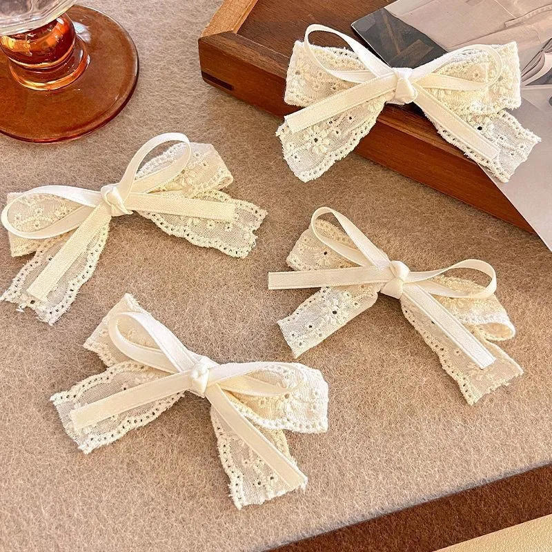 1pcs Beige Double Lace Bow Handmade Headdress Clothing Accessories Hole Shoes Decorative Accessories