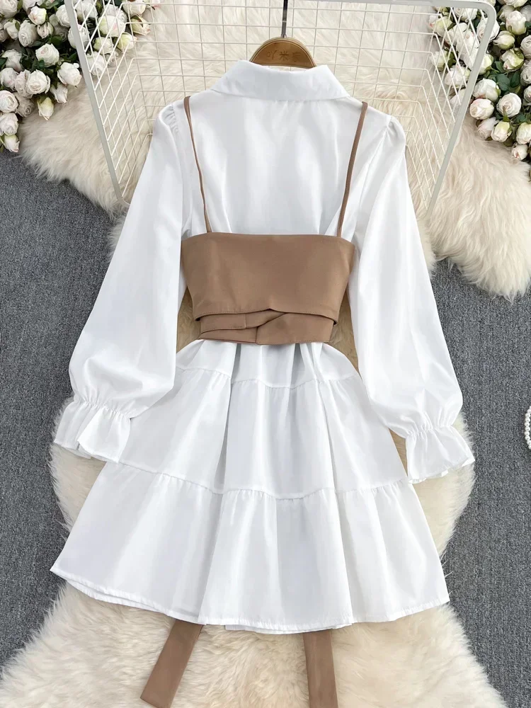 Spring Autumn New Fashion Casual Suit Female Korean Loose White Shirt Dress Slim Vest Dress Two-piece Set GD786