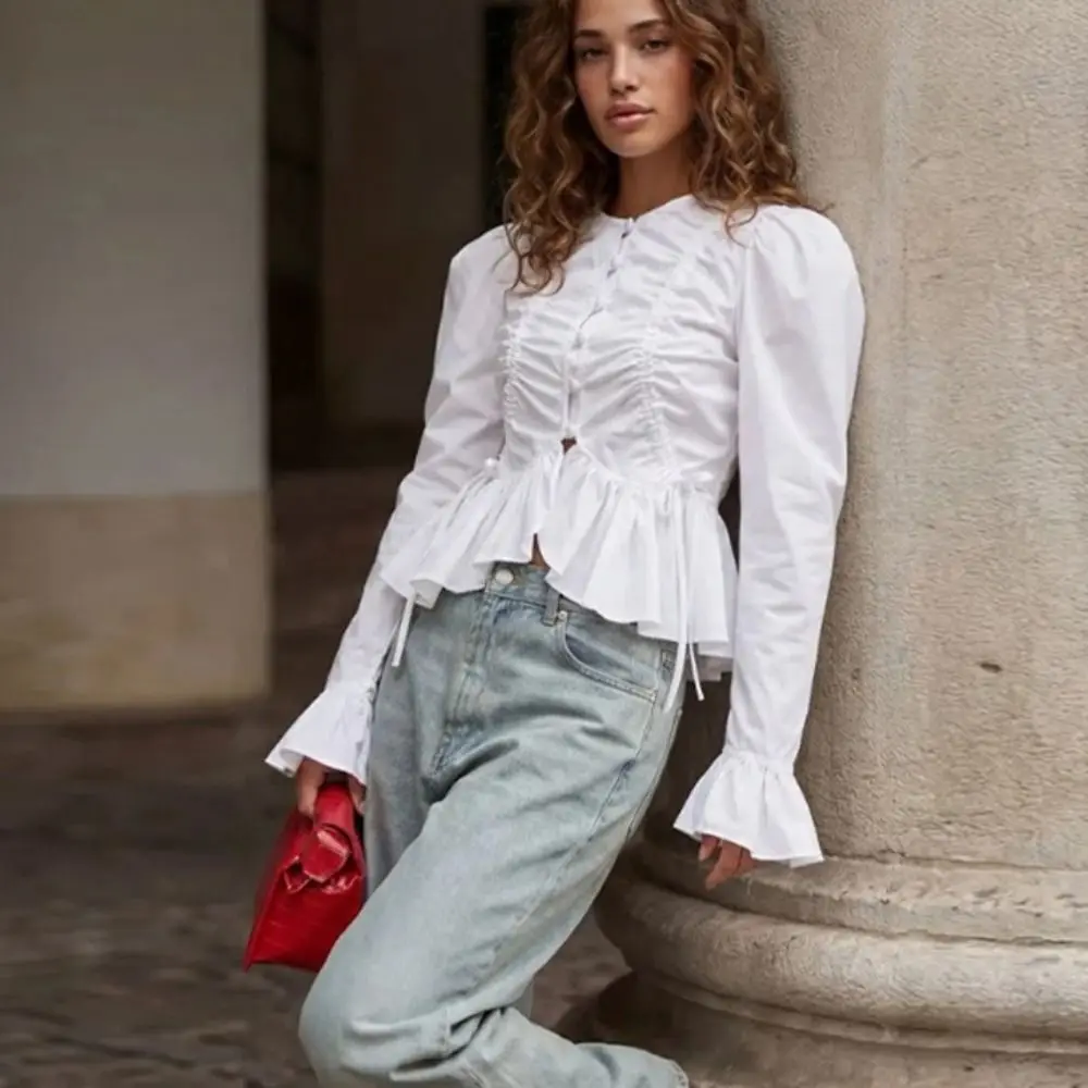

Flare Sleeves Women's Shirt Ruffle Hem Round Neck Long Sleeve Shirt Drawstring Solid Color Single Breasted Shirt