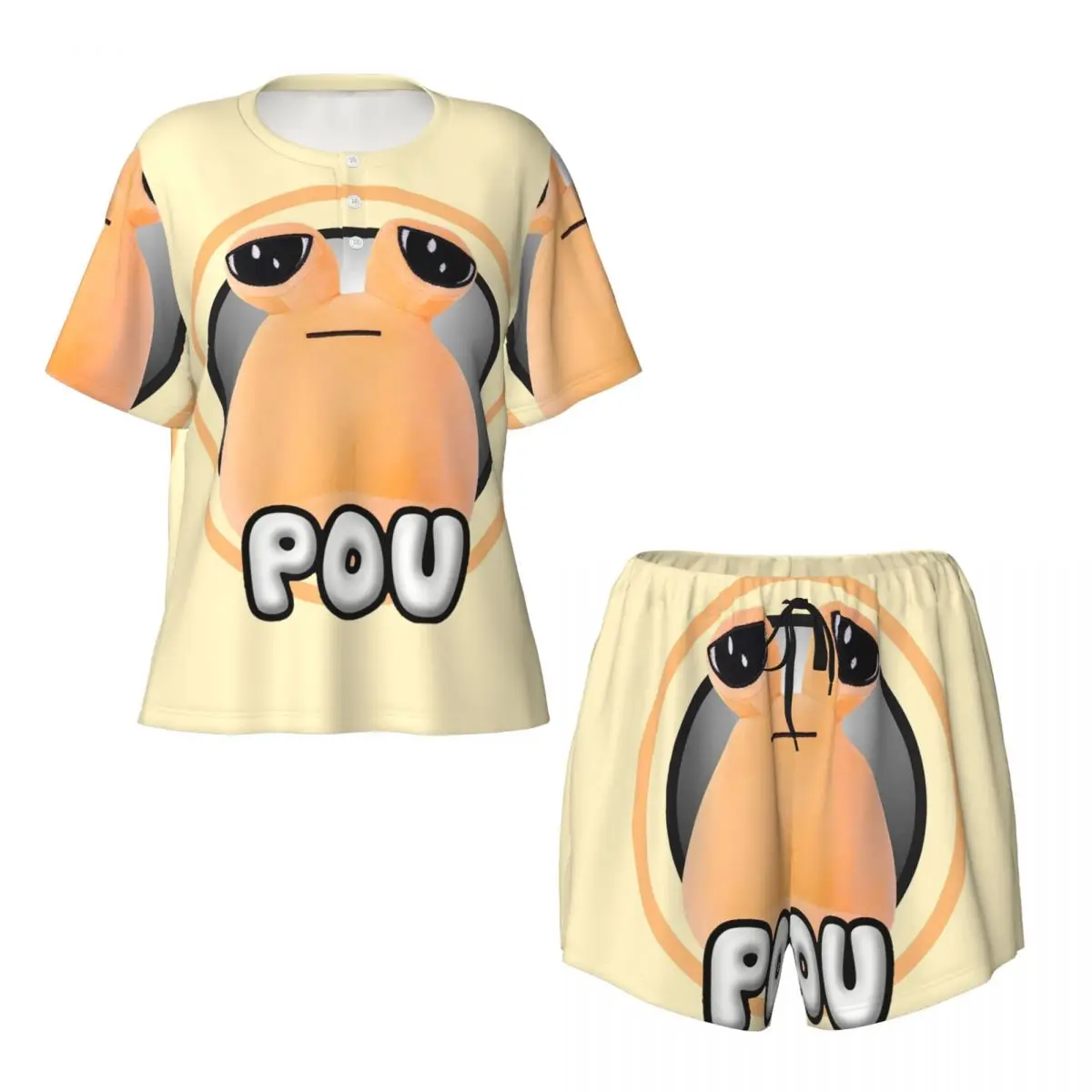 

My Pet Alien Pou Cute Cartoon Round Neck Short Sleeves Nightdress for Sleeping Sleepshirts Women Loose Pajama Set Short Pants