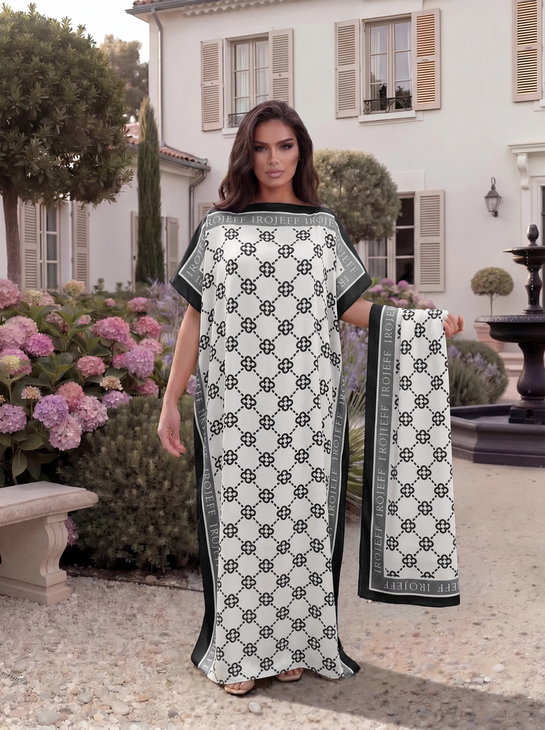 Clover Geometric Print Satin Abaya Scarf Set, Loose Batwing Kaftan For Muslim Women Summer Holiday Wear - view 2