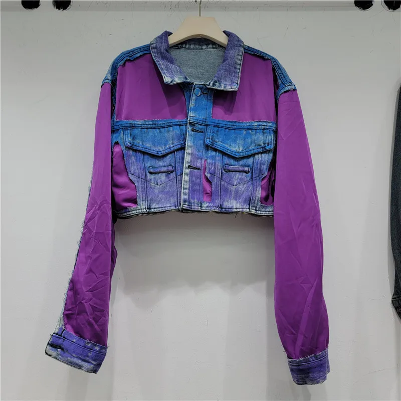 Streetwear Fashion Hand Paint Graffiti Splicing Denim Jacket Women Loose Short Cowboy Outerwear Hem Zipper Jeans Jacket Female