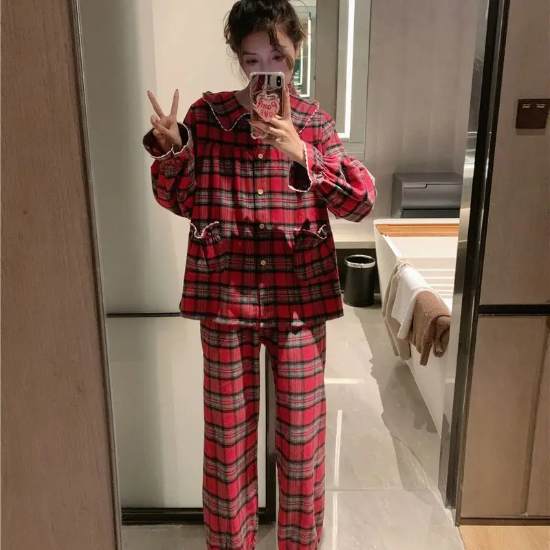 

autumn spring new model sweet plaid long sleeves pajamas Women's lady cute girl two-piece set homewear Wearable as outerwear