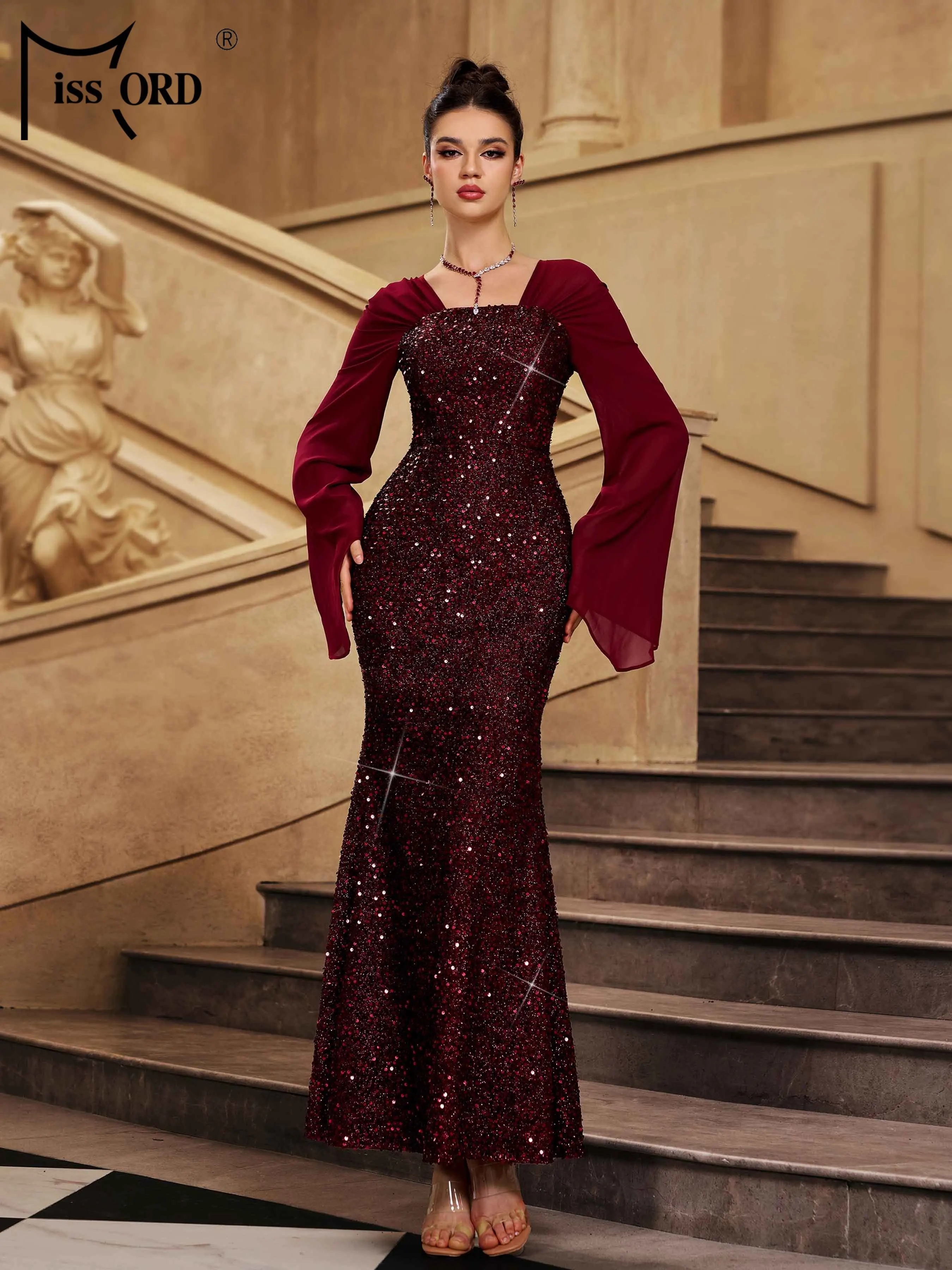 

Missord New 2025 Church Square Neck Flare Sleeve Sequin Mermaid Evening Gown Wedding Birthday Party Graduation Maxi Dresses