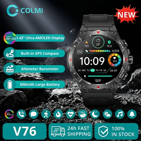 2025 COLMI V76 GPS Smartwatch 1.43" Ultra AMOLED Display Built-in Compass Altimeter Bluetooth Call Smart Watch 500mAh Battery