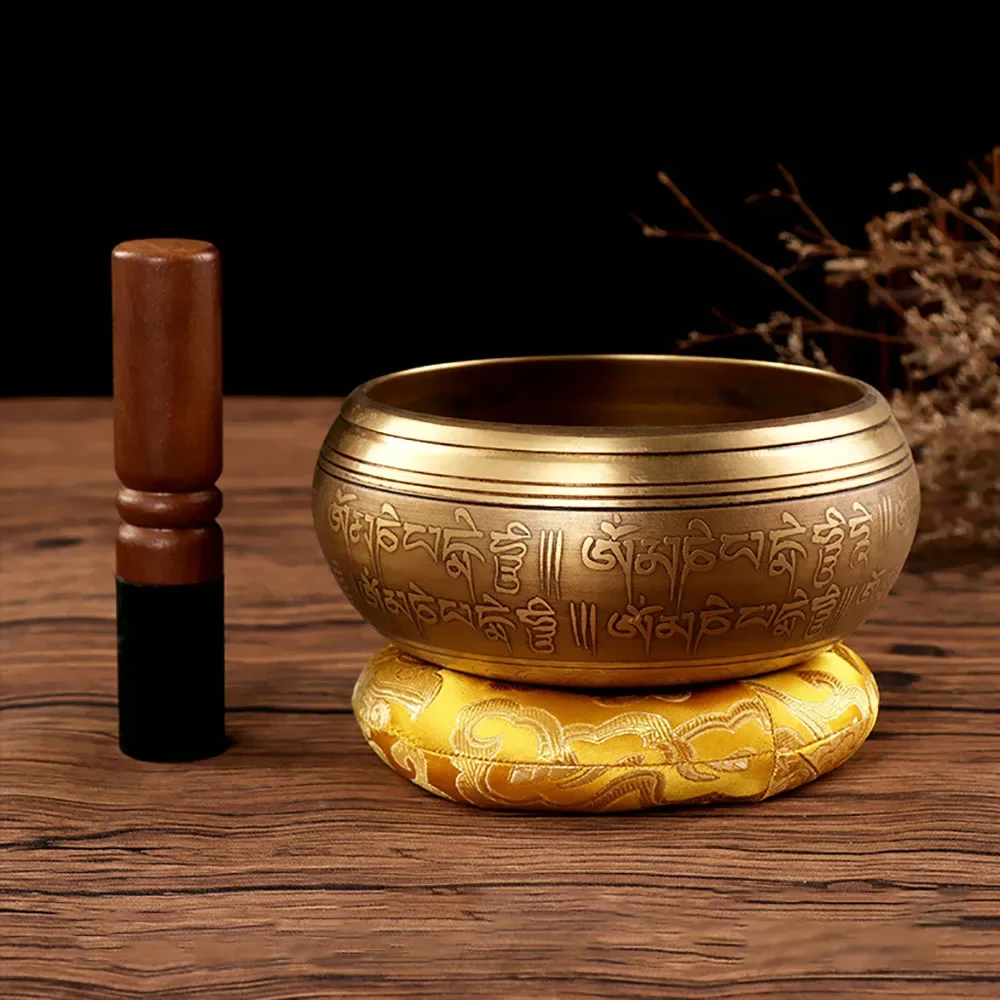 

15cm Buddha Mantra Design Tibetan Nepal Handmade Singing Tibetan Bowls 1 Set with Leather stick for Yoga Chanting Meditation