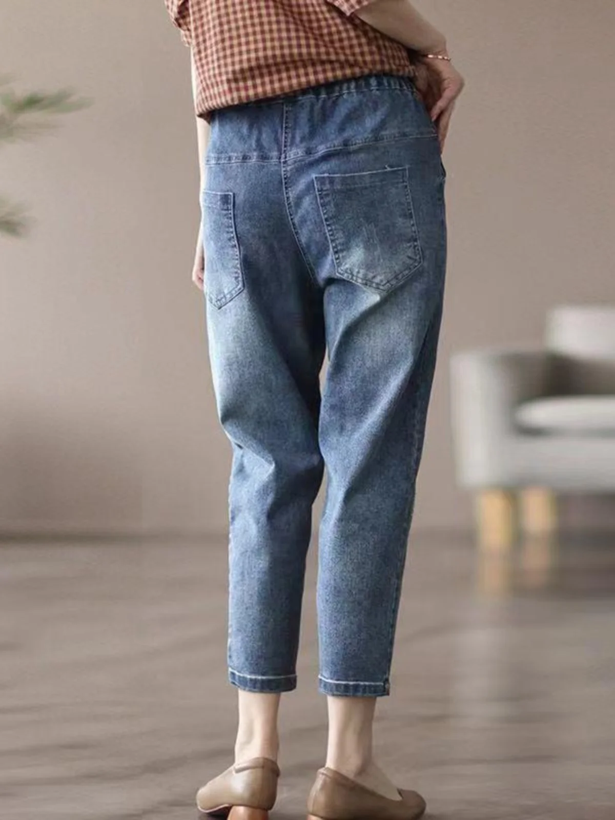 

Утягивающие джинсы-шаровары с высокой талией и вышивкой из девяти зубцов, женские летние тонкие новые свободные брюки-капусты в стиле ретро, синие прохладные ощущения