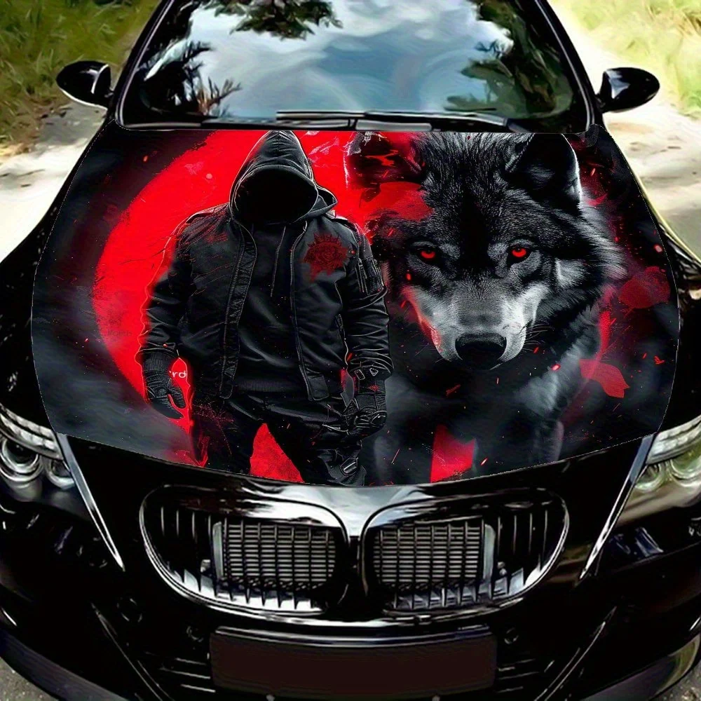 

Mysterious Man And Wolf Vinyl Car Hood Wrap - Durable, Waterproof, And UV-Resistant PVC Sticker For Trucks, SUVs, And Boats With