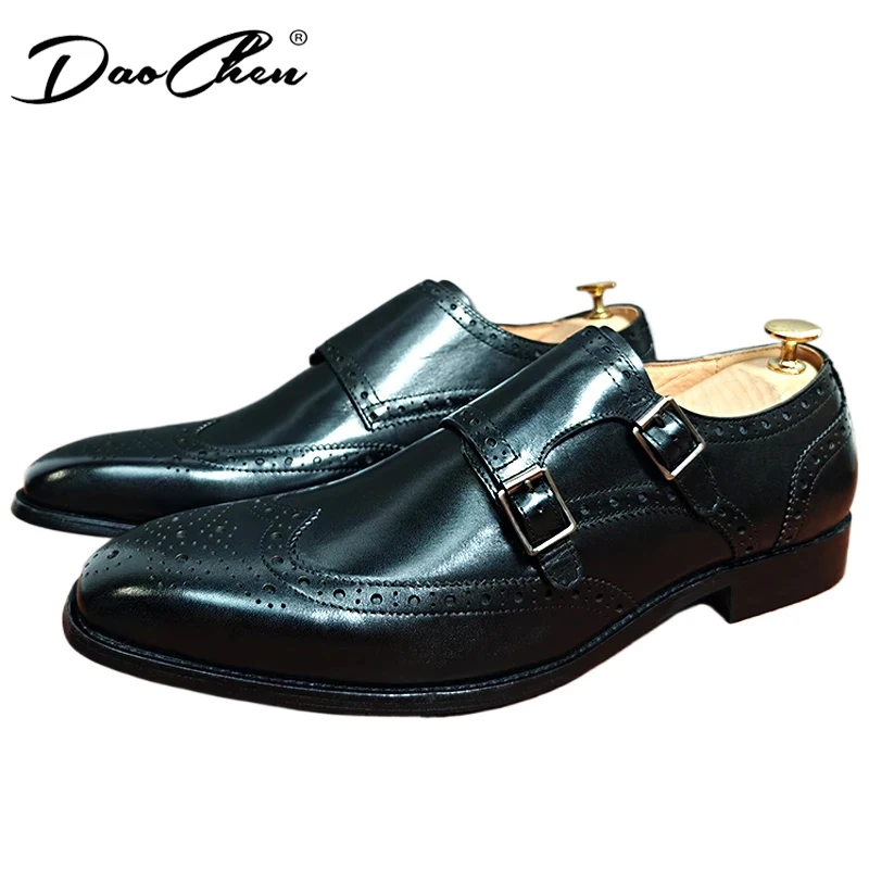 

Classic Men Genuine Leather Dress Shoes Brogue Double Buckle Monk Strap Black Brown Business Office Wedding Formal Shoes For Men