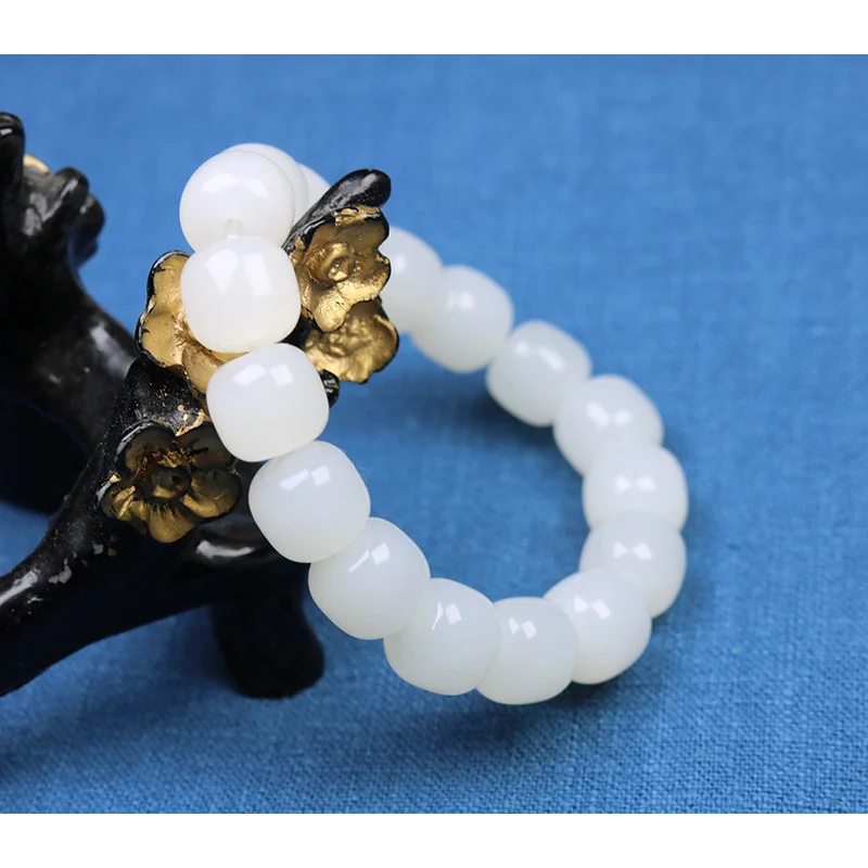 Xinjiang Hetian Jue Suet Old-Styled Bead White Bracelet Men's and Women's Bucket Jade Beads Bangle