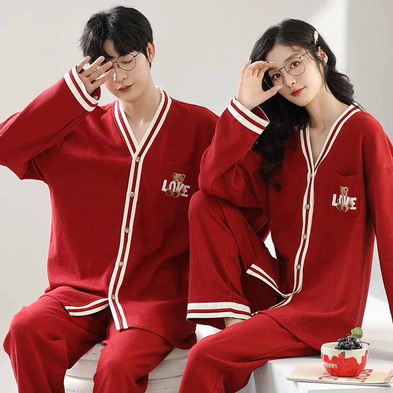 

Couple Pajamas Set Spring Autumn Long Sleeve Cardigan Pants Cotton Sleepwear Cartoon Print Cute Loungewear Men's Women's Pajamas