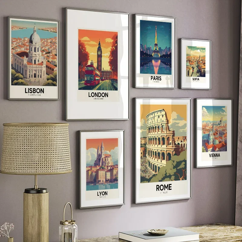 لوحة قماشية اسكندنافية لديكور غرفة المعيشة ، ملصقات ، مطبوعات ، صور ، فن جداري ، مدينة سفر ، روما ، صوفيا ، فيينا ، مدريد ، باريس #3