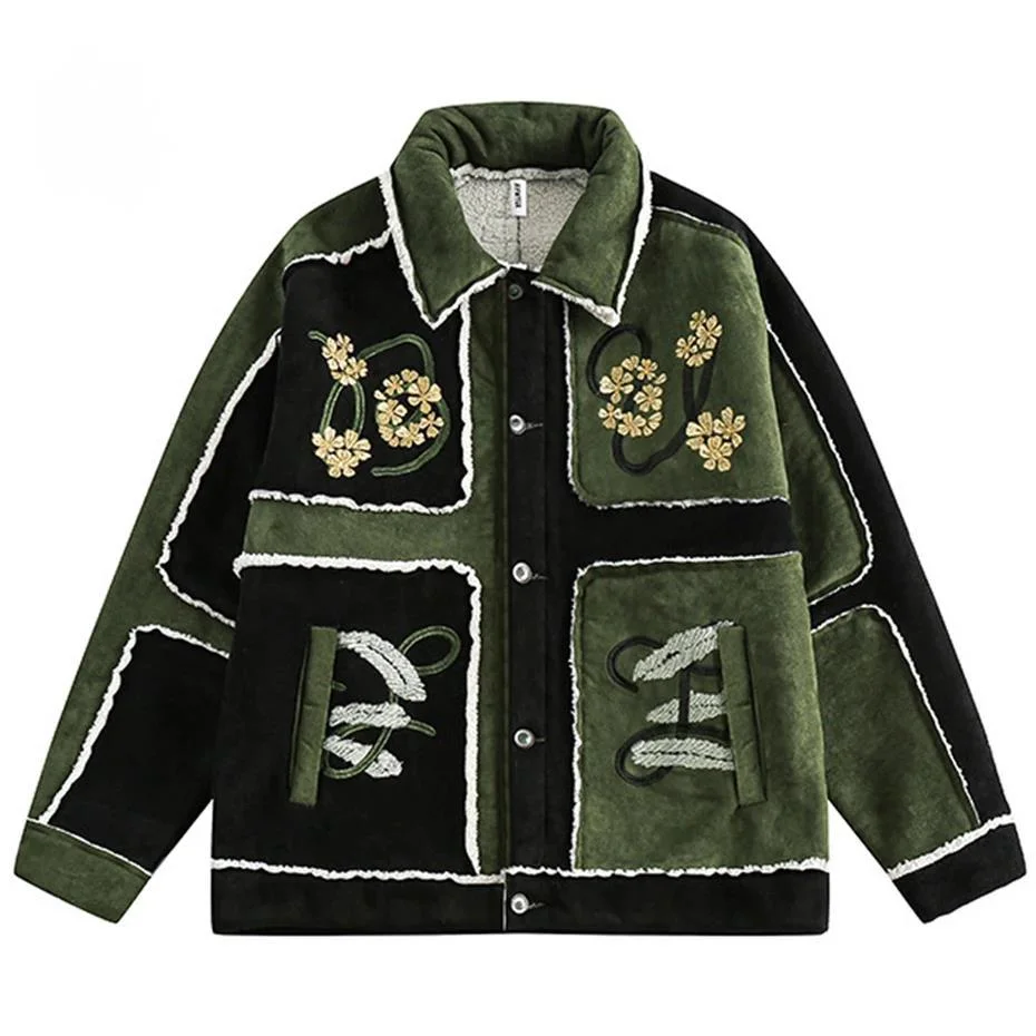 

American Style High Street Fashion Contrast Stitching Lamb Fleece Coat Design Sense Thickened Embroidery Patchwork Loose Jackets