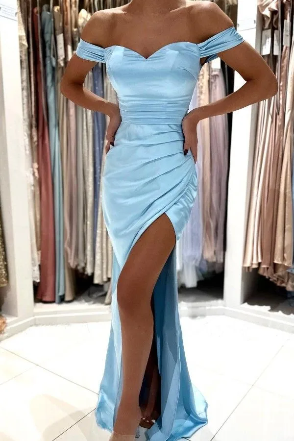 

Blue Prom Dresses Ruched Pleats Stretchy Satin Mermaid Off Shoulder Sweetheart High Slit Sweep Train Formal Party Evening Gowns