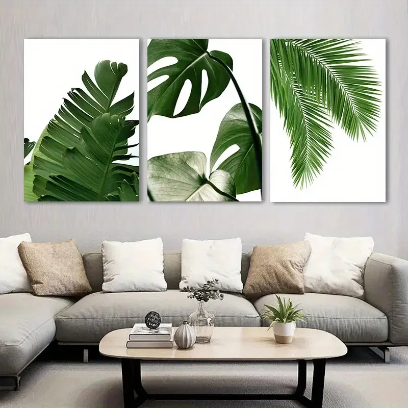 No Framed 3 Piece Green Tropical Leaf Canvas Painting Green Leaves Wall Art Monstera Leaf Palm Banana Print Posters Minimalist